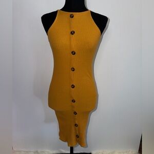 Sleeveless Ribbed Button-Front Midi Dress in Mustard